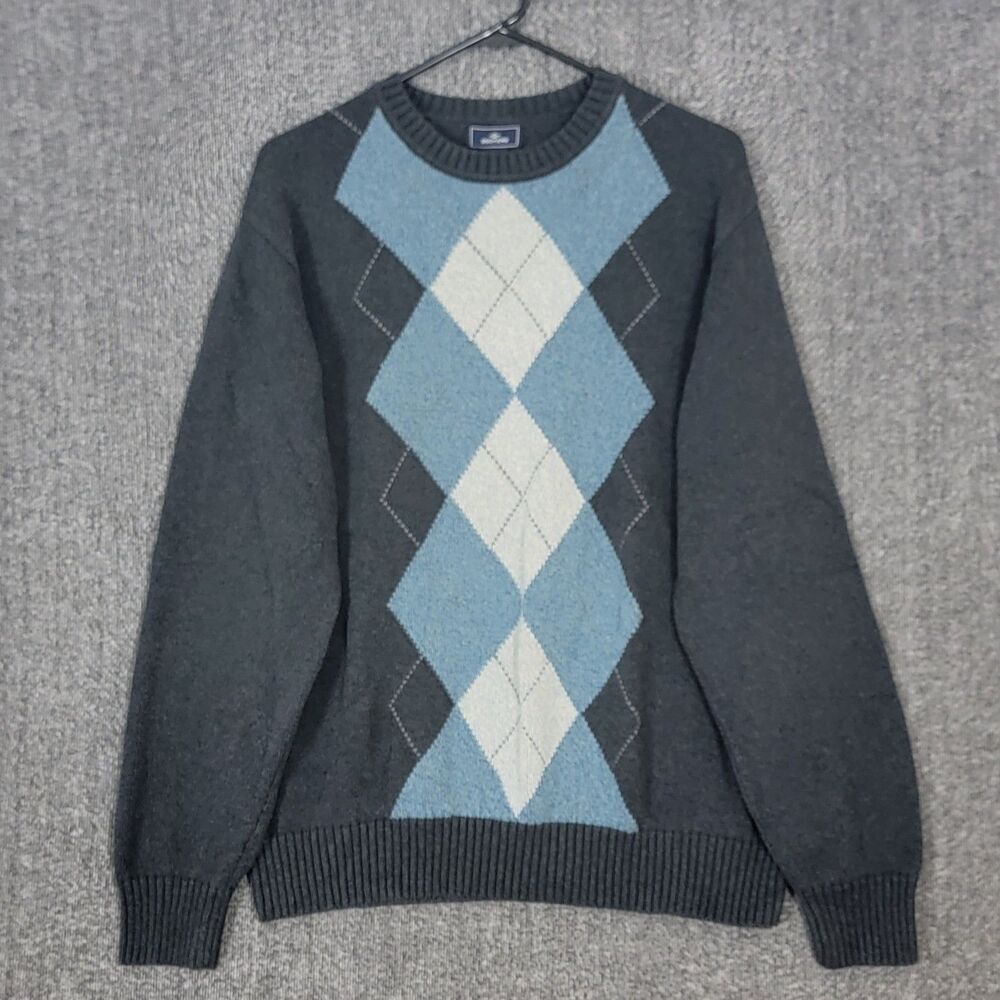 Dockers Sweater Mens XL Charcoal Gray Blue Argyle Long Sleeve Classic Crewneck